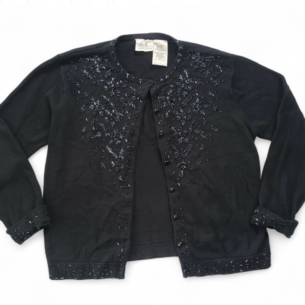 Vintage Women’s Kathie Lee Beaded Black Holiday‎ Sweater Snowflake size Medium